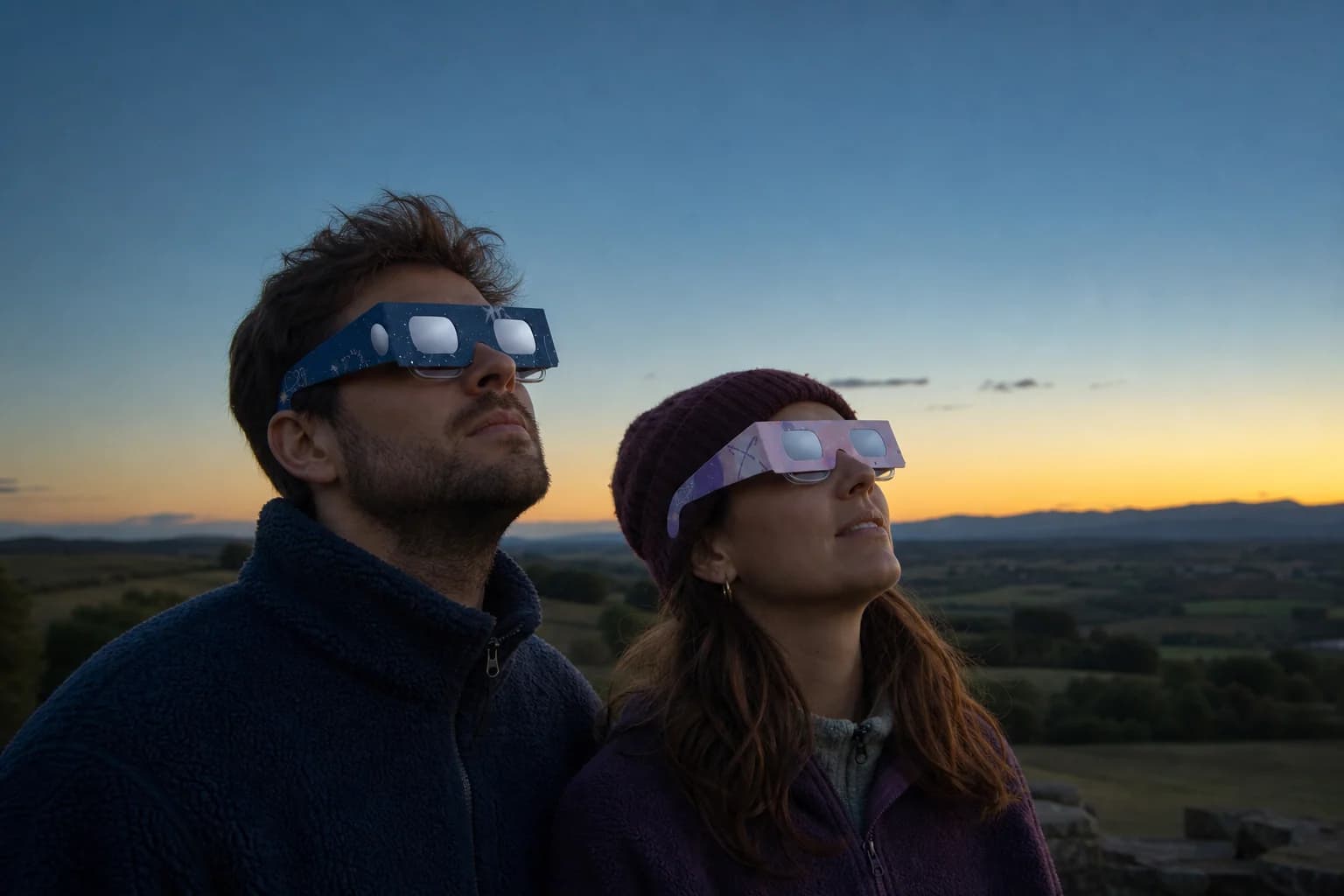 Deux personnes portant les motifs Orbite et Nébuleuse au crépuscule