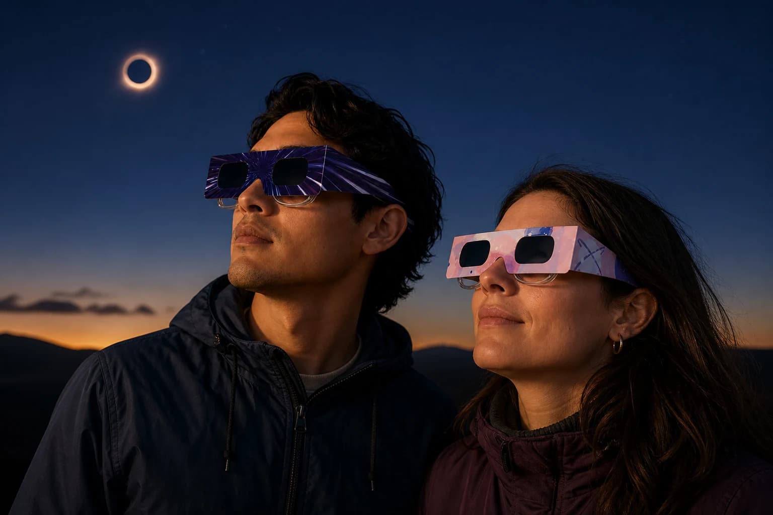 Deux adultes portant les motifs Quasar et Nébuleuse devant leurs lunettes de vue